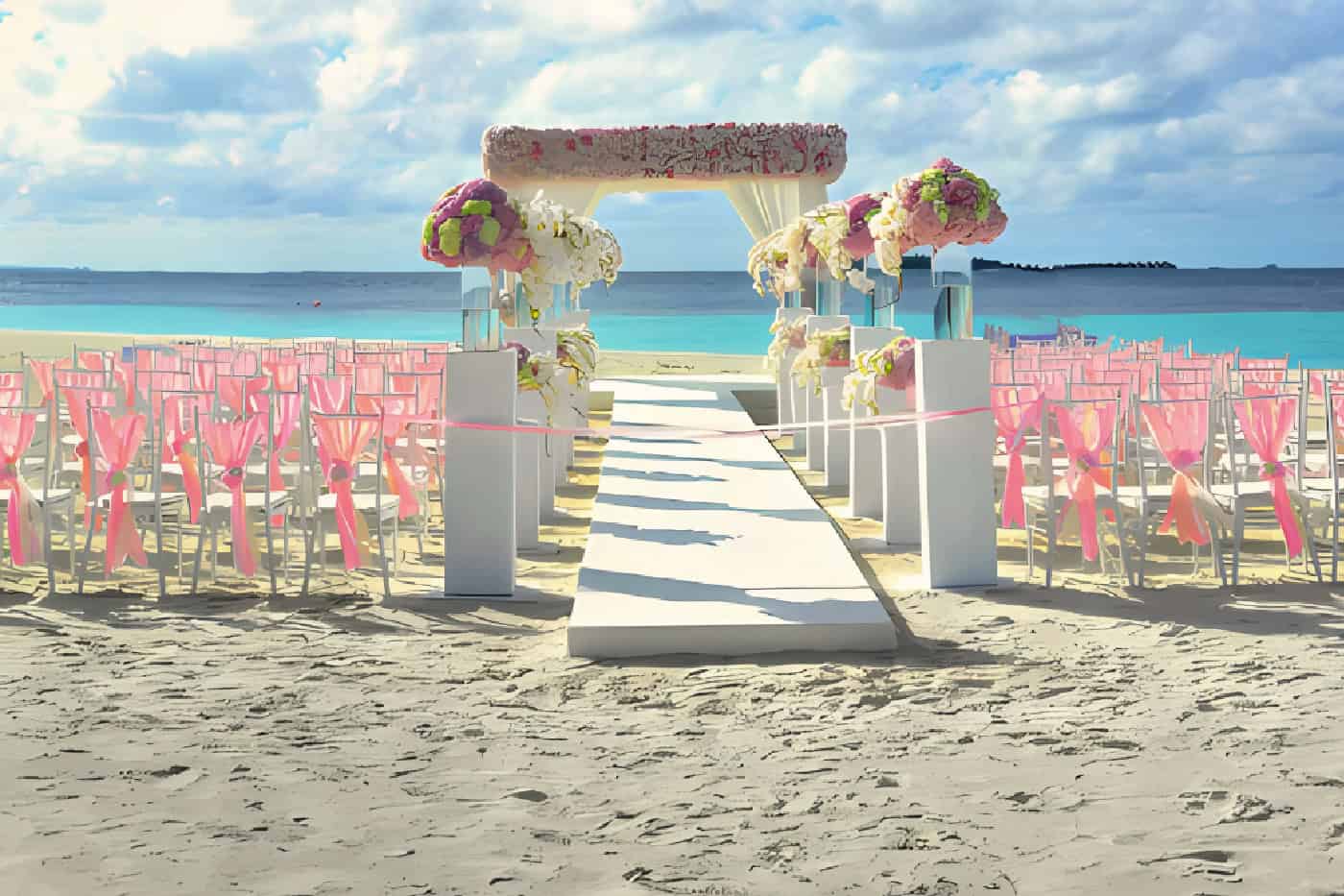 Elegant beach wedding setup with floral arch, pink chairs, and ocean view.